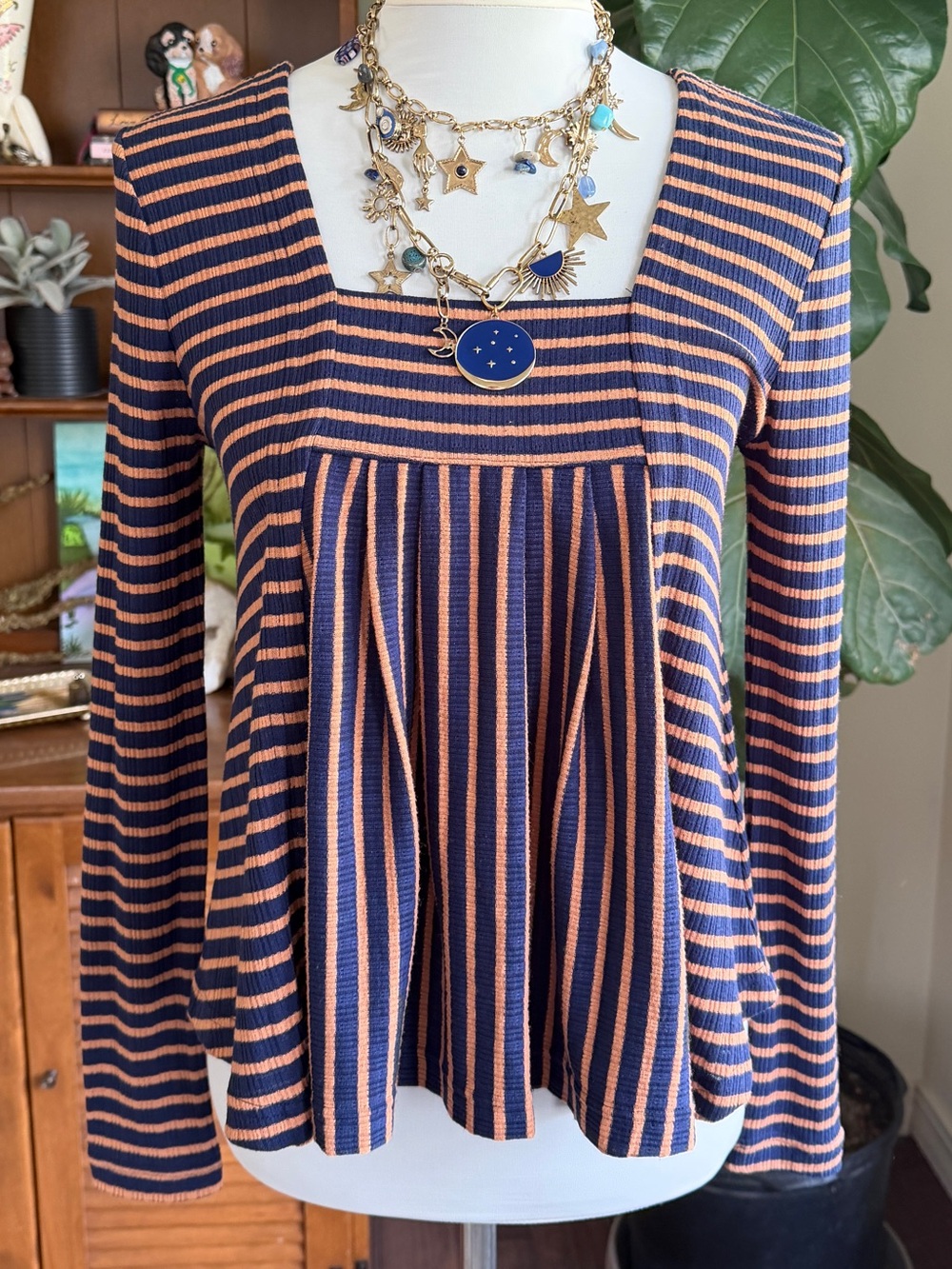 Liverpool Los Angeles Striped Navy & Orange Square Neck L/S Swing Top XS